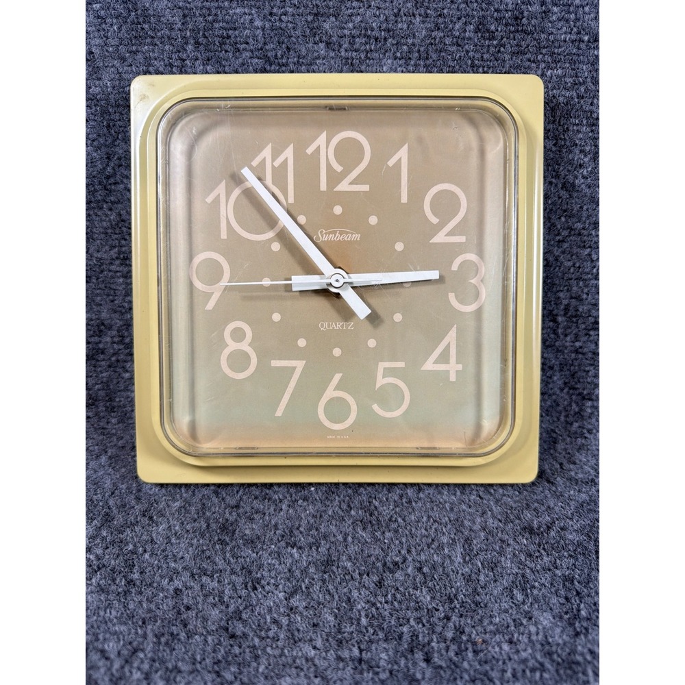 Vintage Sunbeam Quartz Wall Clock Tan Square Retro Mid Century 881-1031 USA Made